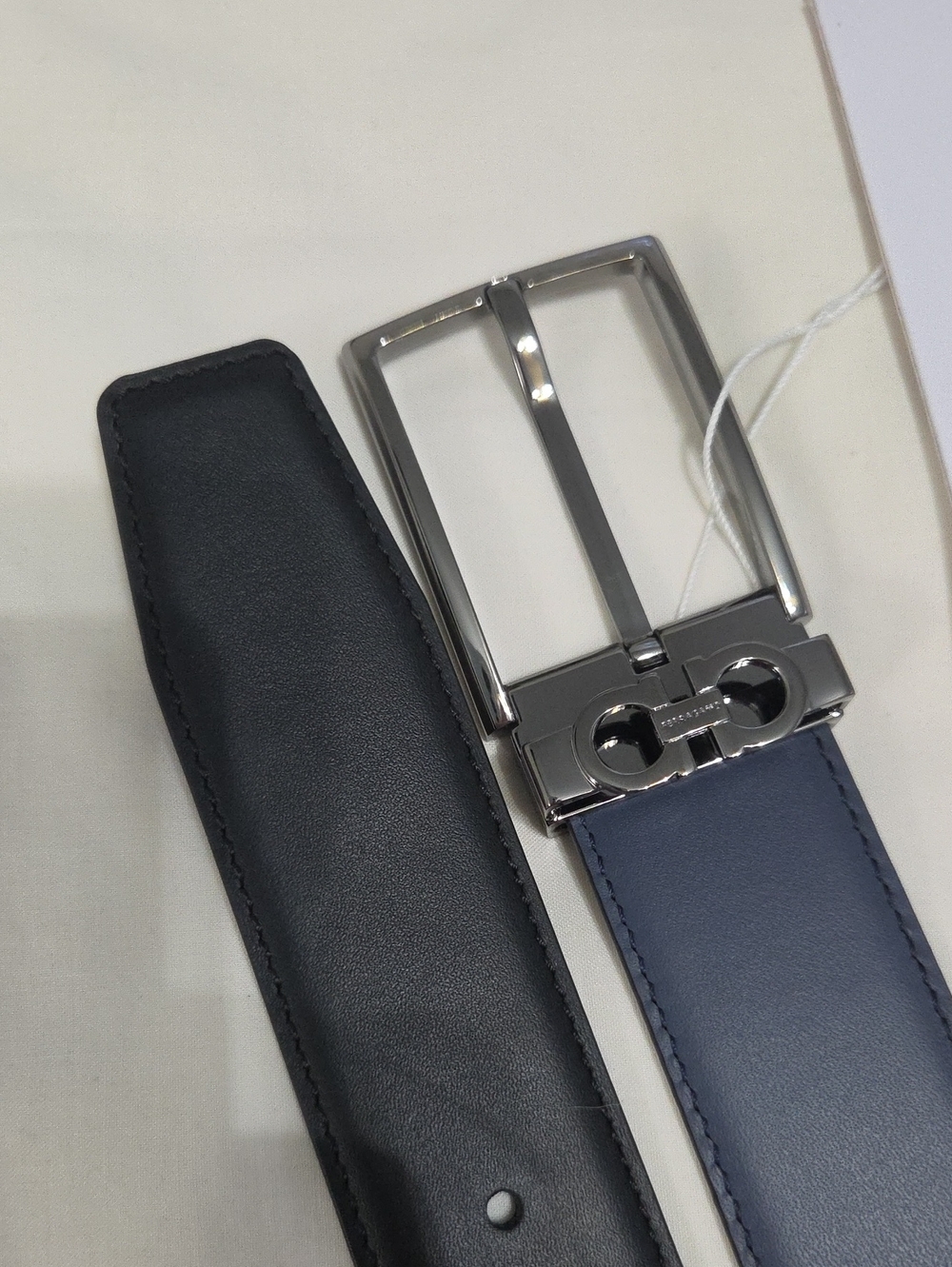 Salvatore Ferragamo Navy & Black Leather Belt Silver Gancini Buckle